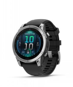 Ronde Garmin Fenix E-smartwatch, roestvrijstalen bezel en zwarte siliconen band, AMOLED-monitor, tijd- en activiteitsmonitoring.