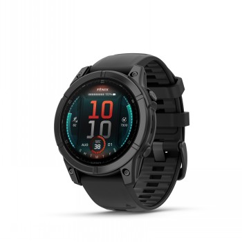 Slimme horloge Garmin Fenix E, grijze stalen kast en zwarte siliconen band, ronde AMOLED-monitor.