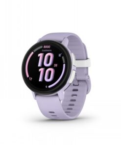 Lila Garmin Bounce 2-smartwatch, rond scherm, zijtoets en verstelbare polsband.
