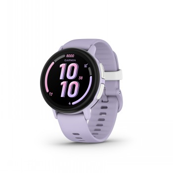 Lila Garmin Bounce 2-smartwatch, rond scherm, zijtoets en verstelbare polsband.