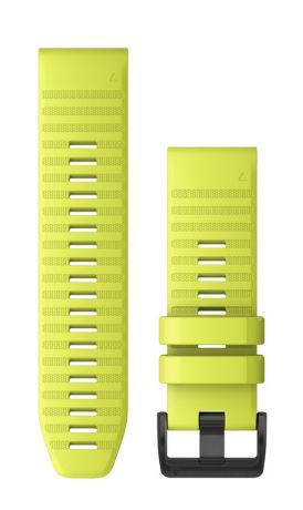 Kirkkaankeltainen silikoninen Garmin-kellonhihna, leveys 26 mm, sisältäen mustan metallisoljen, kuvattu edestä suorassa.
