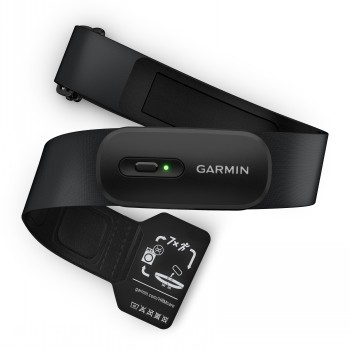 Zwarte Garmin HRM 200 hartslagband met LED-indicator, geschikt voor gebruikers van maat M-XL.