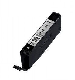 Zwarte Canon CLI-571 BK inktcartridge in horizontaal uitzicht op een witte achtergrond.