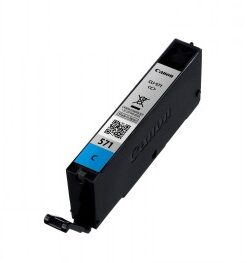 Inkjetprinter Canon CLI-571 C blauwe inktcartridge, zwarte behuizing en etiket zichtbaar.