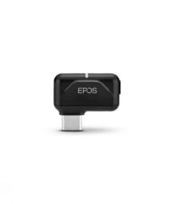 Een compacte, zwarte EPOS BTD 800 USB-C Bluetooth-dongle met een zilveren USB-C-connector en zichtbaar merklogo.