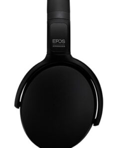 Mustat Epos-over-ear-kuulokkeet, pyöristetty muotoilu, säädettävä sanka, mikrofoni integroitu, mukana USB-C-dongle.
