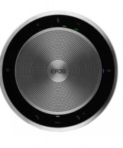 EPOS Expand 30 Bluetooth-luidspreker voor audioconferenties Ronde zwart-zilveren EPOS Expand 30 Bluetooth-luidspreker met gedetailleerd rooster.