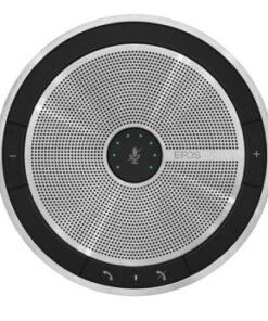 EPOS EXPAND 20 luidsprekertelefoon voor bedrijven en mobiele apparaten Ronde zwarte en zilverkleurige luidsprekertelefoon met groene LED-lampjes en aanraakknoppen.