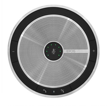Ronde zwarte en zilverkleurige luidsprekertelefoon met groene LED-lampjes en aanraakknoppen.