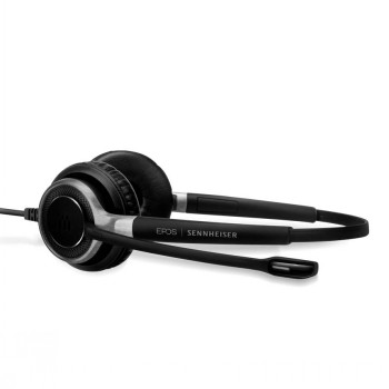 Epos SC 660 dubbele headset met eenvoudige Easy Disconnect-aansluiting. Zwarte dubbele headset met zilveren details, microfoon aan de linkerkant.