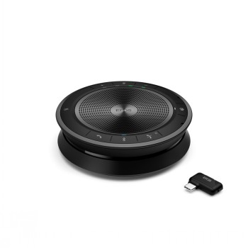 EPOS EXPAND 40T Bluetooth-luidspreker voor vergaderruimtes Ronde zwarte EPOS EXPAND 40T-luidspreker op een tafel, naast een kleine USB-adapter.