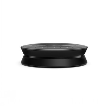 EPOS EXPAND 40T draadloze BT-speakerphone in een stijlvol zwart design. Zijprofiel van een zwarte ronde EPOS EXPAND 40T BT speakerphone tegen een witte achtergrond.