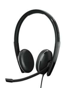 Zwarte dubbelzijdige zakelijke headset met verstelbare microfoonarm en USB-C-aansluiting.