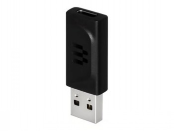 EPOS USB-C-USB-A-adapter, stijlvol en functioneel ontwerp Zwarte USB-C-USB-A-adapter in verticale positie op een witte achtergrond.