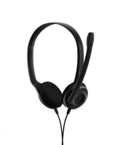 Zwarte lichte headset met verstelbare hoofdband en beweegbare microfoonarm, ontworpen voor desktop- en mobiel gebruik...