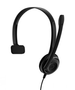 Zwarte USB-hoofdtelefoon met één oorschelp, verstelbare hoofdband en microfoon aan de rechterkant, in een studiowaarden omgeving.