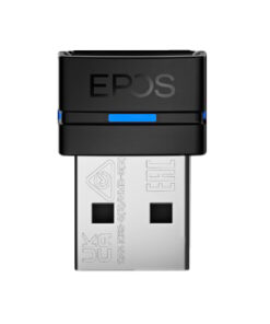 EPOS BTD 800A Bluetooth-dongle met USB-A-aansluiting Een zwarte EPOS-gebrande USB-A Bluetooth-dongle, klein en compact, van voren gezien.