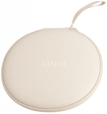 Vaalean beige, pyöreä Jabra-kantokotelo, jossa vetoketju ja kantohihna, kuvattu ylhäältä tasaisella alustalla.