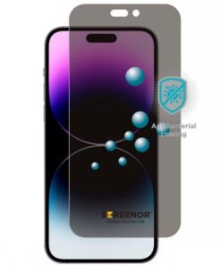 Screenor iPhone 14 Pro gehard glas 360° - privacy en bescherming Screenor iPhone 14 Pro gehard glas dat rond de monitor wordt geplaatst, donker anti-spy-bescherming en antibacteriële coating.