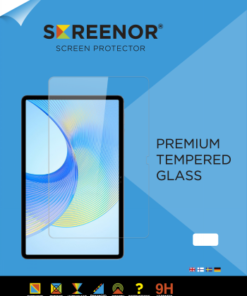 Heldere gehard glazen schermbeschermer voor iPad met een minimalistische blauwgetinte achtergrond en een dun gereflecteerd glas.