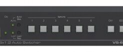 Kramer VS-611DT 6:1 4K autoswitcher met HDMI- en HDBT-uitgangen Zwarte 6:1 HDMI- en HDBT-autoswitcher met meerdere knoppen en Kramer-logo aan de voorkant.