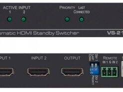Zwarte compacte HDMI-schakelaar met twee ingangen, LED-indicatielampjes en aansluitingen aan de voorkant.