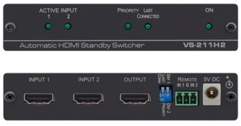 Zwarte compacte HDMI-schakelaar met twee ingangen, LED-indicatielampjes en aansluitingen aan de voorkant.