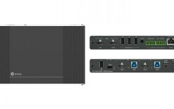 Compacte en donkere horizontale HDMI-switch met meerdere poorten en aansluitingen, voor- en achteraanzicht.