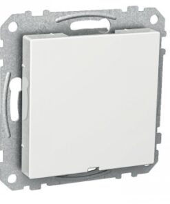 Wit rechthoekig blindplaatje met metalen bevestigingsdeel, typisch voor te installeren elektrische systemen.