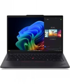 Lenovo T14 laptop, zwarte behuizing, helder 14-inch WUXGA-monitor, Windows 11-interface weergegeven.