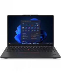 Lenovo X13 laptop, 13,3-inch WUXGA-monitor, Windows 11 Pro. Donkergrijze behuizing van de Lenovo X13 laptop, 13,3-inch monitor, Windows 11 Pro besturingssysteem geopend op het scherm.