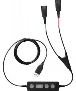Mustasta johdosta koostuva Jabra USB-sovitin, jossa kaksi QD-liitintä, vaimennuspainike ja USB-liitin, kuvattu ylhäältä.