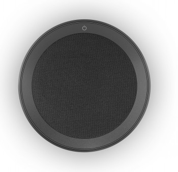 Jabra Speak2 75 luidspreker, GN Netcom Ronde, platte luidspreker met een zwart roosteroppervlak en een knop bovenaan, van bovenaf gefotografeerd.