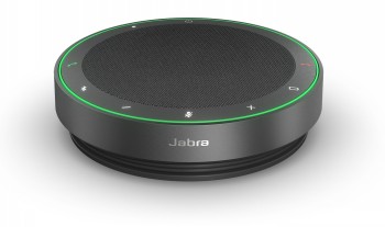 Jabra Speak2 75 handsfree-luidspreker van GN Netcom voor zakelijk gebruik. Ronde, grijze en zwarte Jabra Speak2 75 luidspreker met een groene lichtcirkel en knoppen aan de bovenkant.