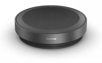 Jabra Speak2 75 speaker in een elegant zilverzwart ontwerp. Ronde, zwarte en zilveren Jabra Speak2 75 speaker van bovenaf bekeken.
