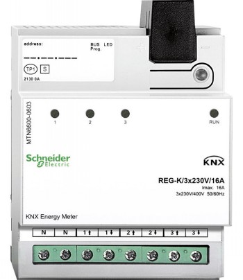 Schneider Electric KNX-energiemeter 3x230V/16A voor DIN-rail KNX-energiemeter op witte DIN-rail, groene aansluitpoorten en controlelampje met Schneider Electric-logo.
