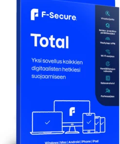 F-Secure Total 2 jaar bescherming voor 7 apparaten, digitale licentie. Blauwe F-Secure Total-verpakking met tekst en pictogrammen van apparaten. Schuin vooraanzicht.