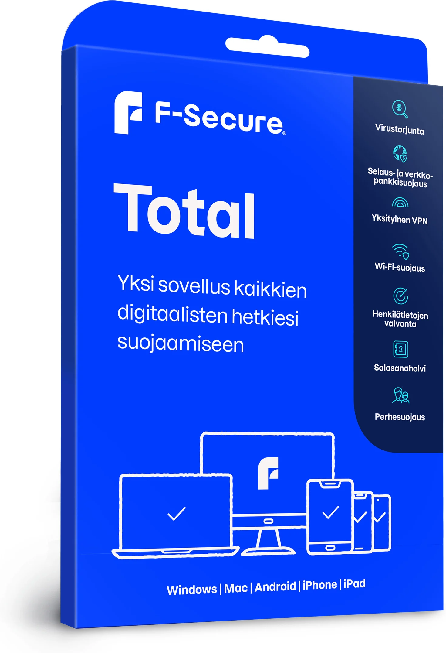 Blauwe F-Secure Total-verpakking met tekst en pictogrammen van apparaten. Schuin vooraanzicht.