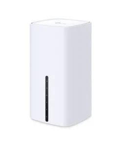 Witte, verticale TP-Link Archer NX600 router met LED-lampjes op het voorpaneel.
