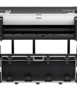 Grote zwart-wit grootformaatprinter op een standaard, Canon-logo in het midden bovenaan.