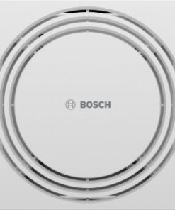 Witte vierkante afzuigventilator, met in het midden het Bosch-logo en een cirkelvormig luchtinlaatpatroon.