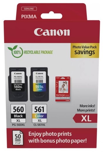 Canonin musta ja värillinen XL-mustekasetti, paketti sisältää myös valokuvapaperia, esillä punavalkoisessa pakkauksessa.