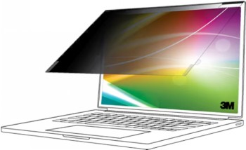 Illustratie van een laptop met een donker 3M-privacyfilter deels geïnstalleerd op het scherm.