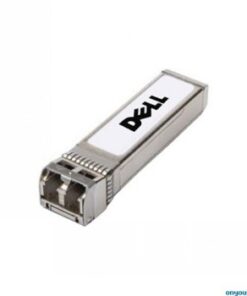 Zilverkleurige Dell 10GBASE-SR SFP+-module, rechthoekig, netwerkconnector aan de voorkant.