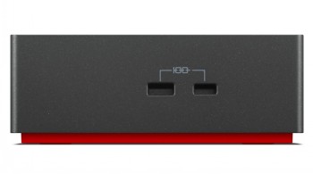 Lenovo USB-C-dockingstation, rode onderkant en twee poorten aan de voorkant Zwarte rechthoekige Lenovo USB-C-dockingstation met een rode onderkant en twee aansluitpoorten aan de voorkant.