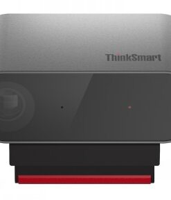 Grijze en zwarte rechthoekige Lenovo ThinkSmart Cam-webcam van voren gezien.