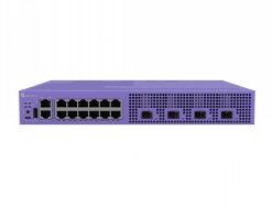 Extreme Networks 4220, 12-poorts PoE-switch, stijlvolle en krachtige oplossing. Paarse 12-poorts netwerk- en PoE-switch van voren gezien, roosterachtige ventilatieroosters aan de rechterkant.