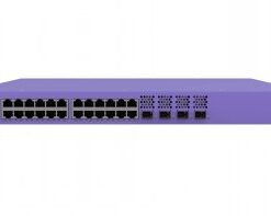 EXTREME NETWORKS 4220 24-poorts PoE-switch Paarse 24-poorts PoE-switch met meerdere netwerkverbindingen en een compact rechthoekig ontwerp.
