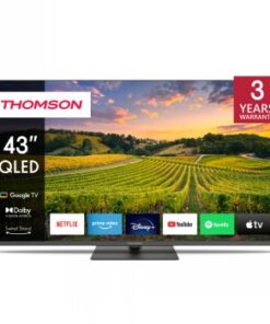 Thomson 43 inch QLED-televisie met slimme functies van Google. Kleurrijke landschapscène op het scherm en logo's van streamingdiensten.