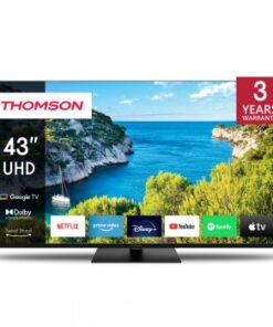 Thomson 43-inch UHD Smart TV met een zwarte rand en een helder landschap op het scherm.